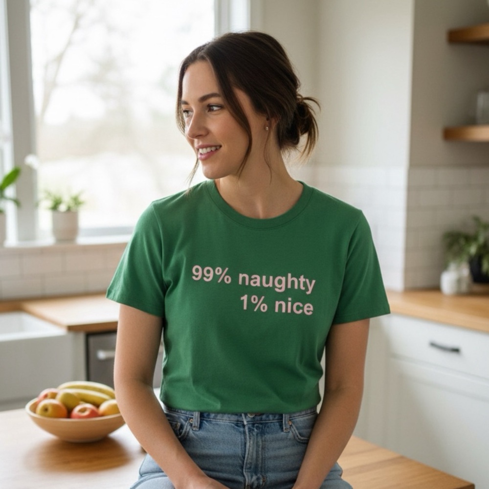 Green Forever 21 Graphic “Naughty/Nice” Tee with Fun Slogan - Medium